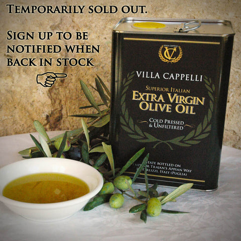 3L tin of Villa Cappelli cold pressed extra virgin olive oil with DOP Italian olives and a bowl of oil, displaying a 'temporarily sold out' notice.