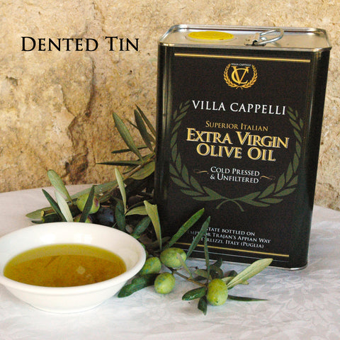 A can of Villa Cappelli DAMAGED 3L Tin Extra Virgin Olive Oil, imported from Italy, next to a bowl of olives.