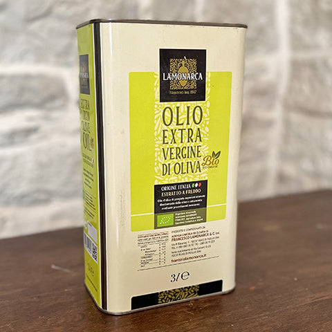 A tin of Villa Cappelli Organic 3L Extra Virgin Olive Oil sitting on a table.