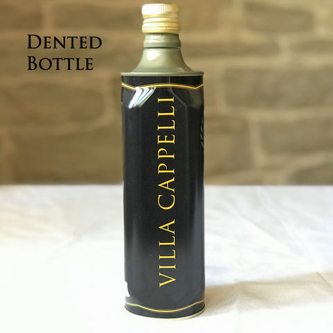 A bottle of Villa Cappelli Extra Virgin Olive Oil - 750mL DAMAGED TIN for overseas shipping.