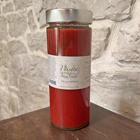 A jar of Villa Cappelli Passata (Strained Tomatoes).